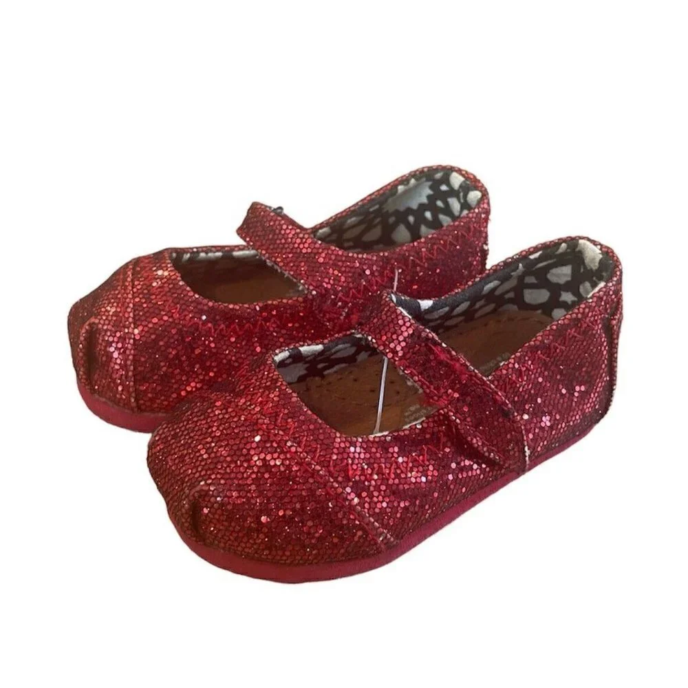 Toms Red Sparkle Mary Jane Shoes Slip On Hard Soles Formal Toddler Baby Size 2